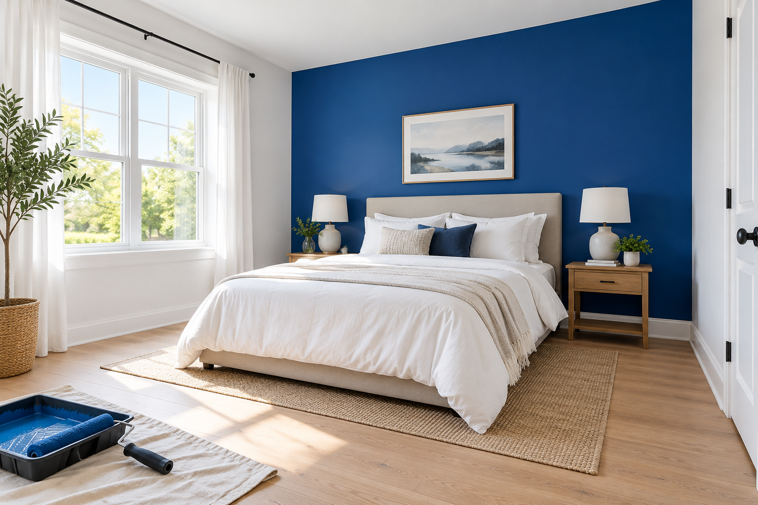 Bright bedroom with a blue accent wall and a fresh interior finish